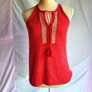 Lucky Brand Abilene Red Knot Racerback Tank‎ Top Tassle Tie Tribal V Neck Small